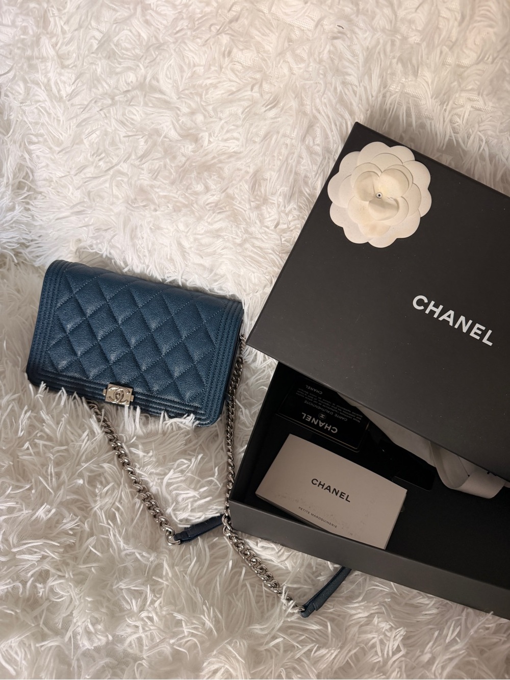 CHANEL Blue Quilted Caviar Leather Boy Wallet On Chain